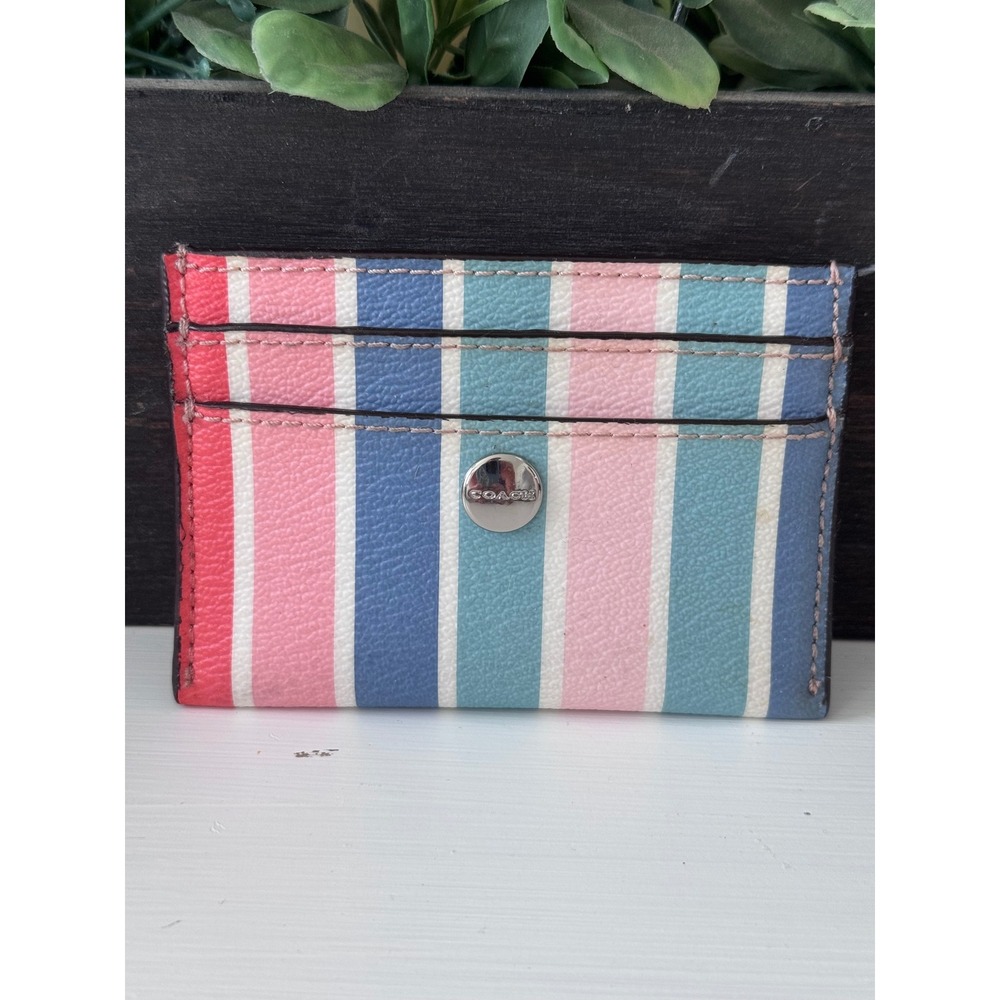 Coach Vertical Stripe Crossgrain Leather Card Case Pink Blue Teal Silver Logo